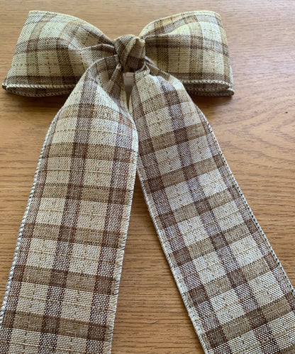 Rustic Brown Plaid Linen Hair Bow - Handmade Decorative Bow for Gifts, Crafts, and Fashion Accessories