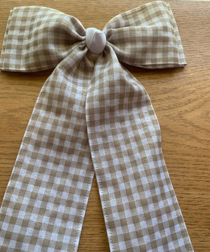 Rustic Brown Plaid Linen Hair Bow - Handmade Decorative Bow for Gifts, Crafts, and Fashion Accessories