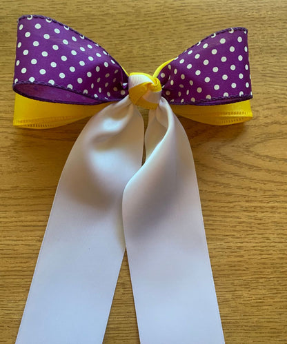 Purple Polka Dot and Yellow Layered Hair Bow with Elegant White Tails - Perfect Accessory for Girls, Cheerleaders, and Special Occasions