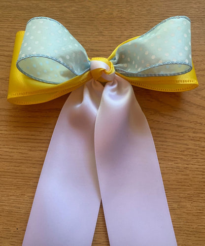 Purple Polka Dot and Yellow Layered Hair Bow with Elegant White Tails - Perfect Accessory for Girls, Cheerleaders, and Special Occasions