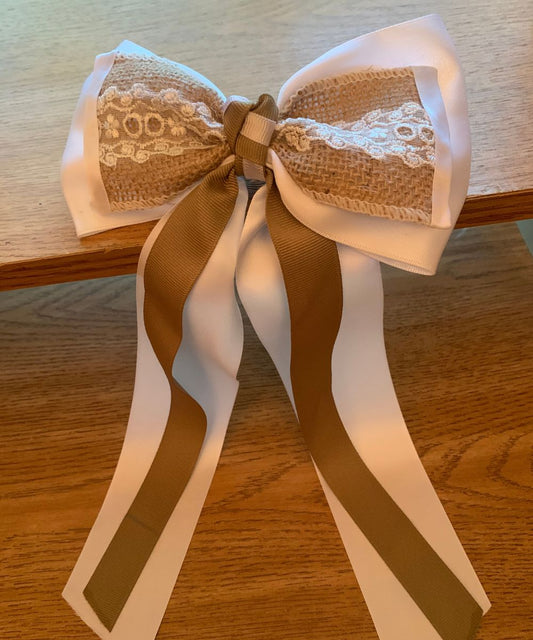 Rustic Chic Burlap & Lace Hair Bow with Satin Tails - Handmade Country Wedding Accessory, Vintage Bridal Bow, Rustic Baby Shower Decoration